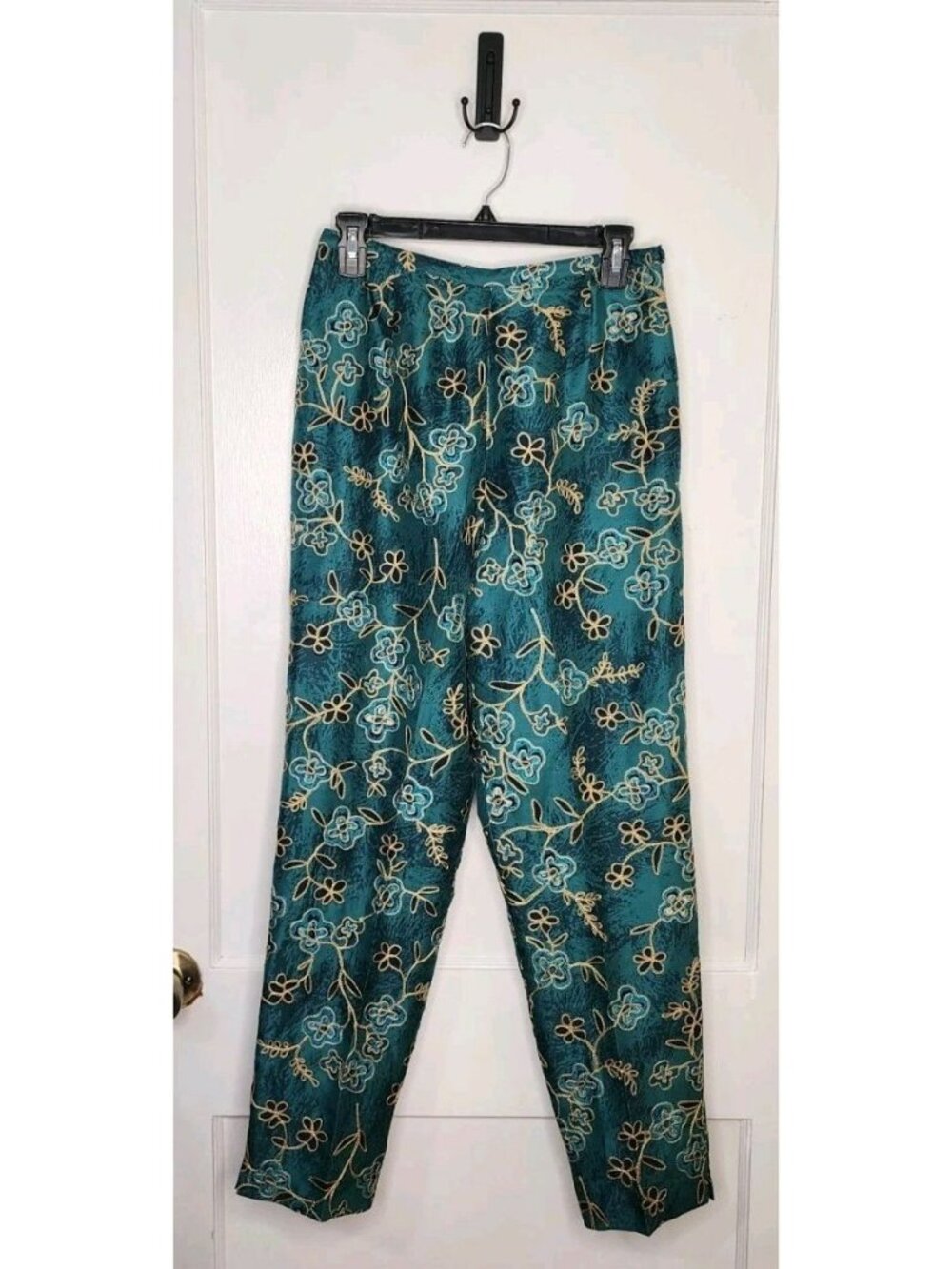 Size 10 Silkland 100% Pure Silk Blue Floral Embroidered High Waist Pants